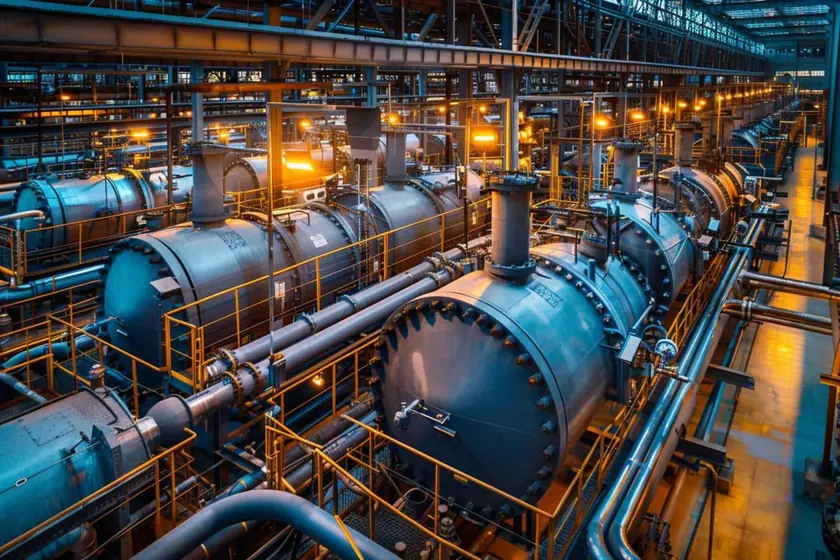 Installation de chauffage industriel avec échangeurs et canalisations calorifugées