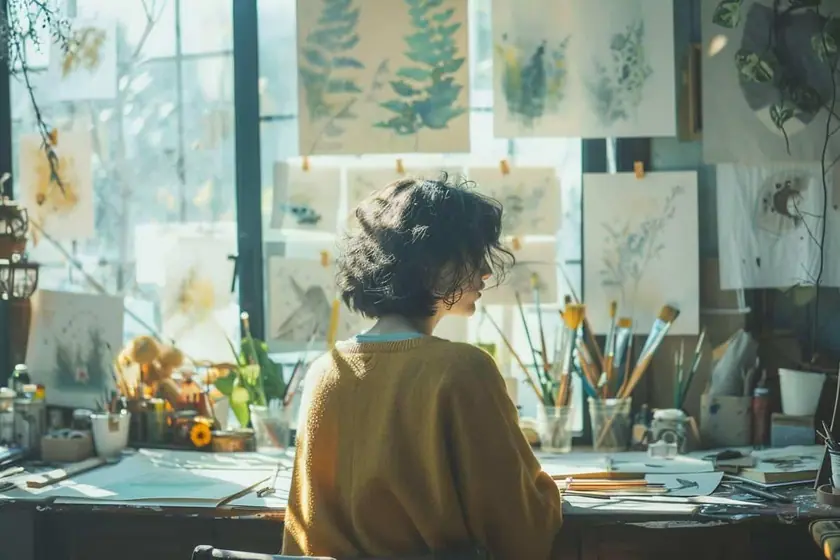Carnet de croquis ouvert sur une table, crayon gras posé à côté d'un livre d'estampes