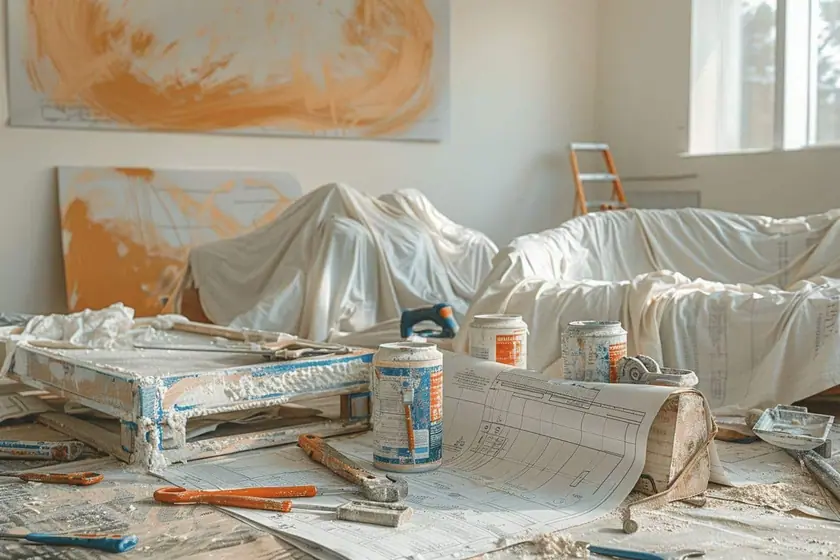 Chantier de rénovation intérieure en cours avec outils et matériaux dans une pièce en travaux