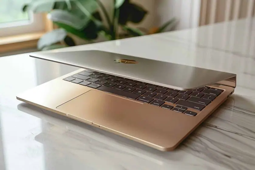 Ordinateur portable fin posé sur un support incliné à côté d'un clavier externe et d'une sacoche
