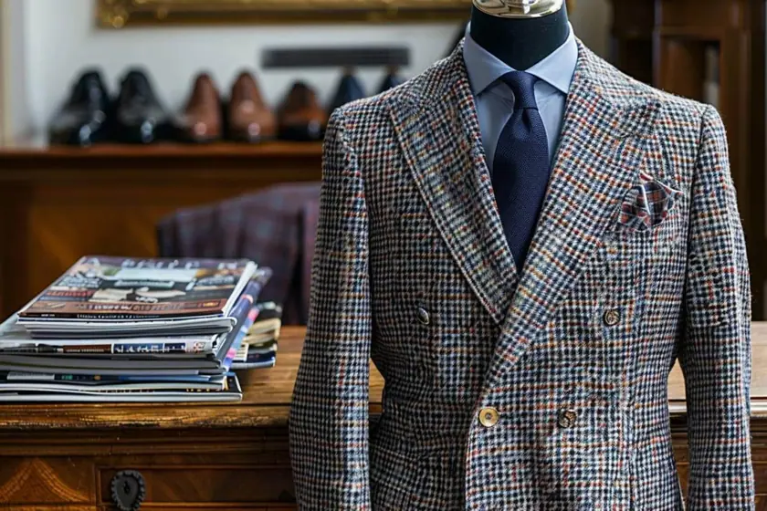 Costume gris à fines rayures porté avec une cravate bleue en soie tissée et une chemise blanche