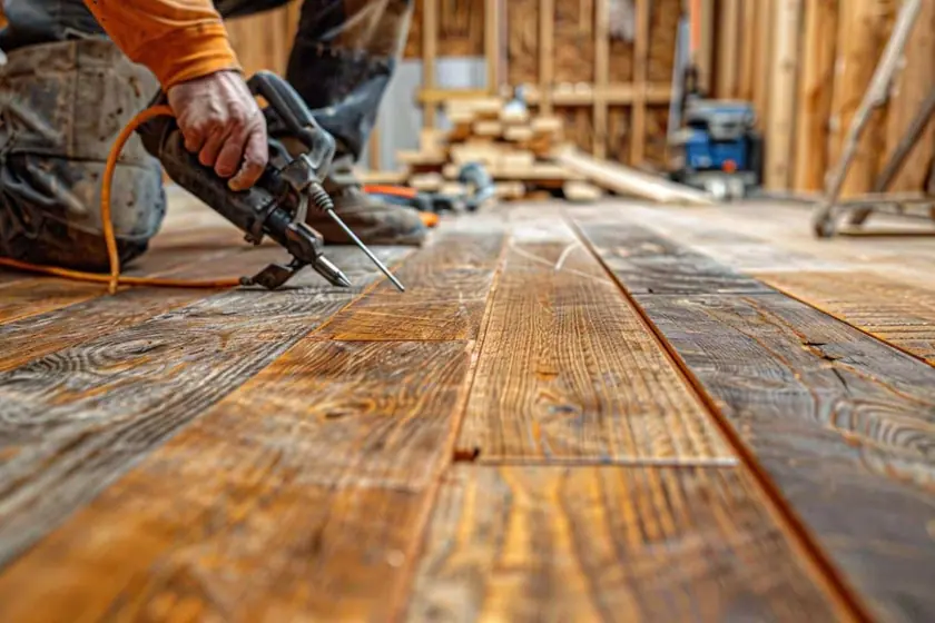 Pose d'un plancher en bois massif sur lambourdes dans une pièce en rénovation