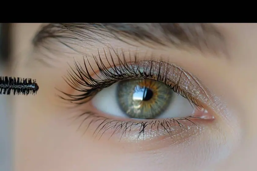 Gros plan sur une brosse à mascara appliquée à la base des cils supérieurs d'un oeil ouvert