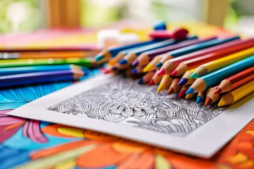 Enfants installés autour d'une table basse en train de colorier avec des feutres étalés
