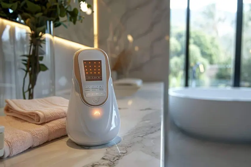 Appareil à lumière pulsée posé à plat contre la peau d'un mollet, dans une salle de bains éclairée