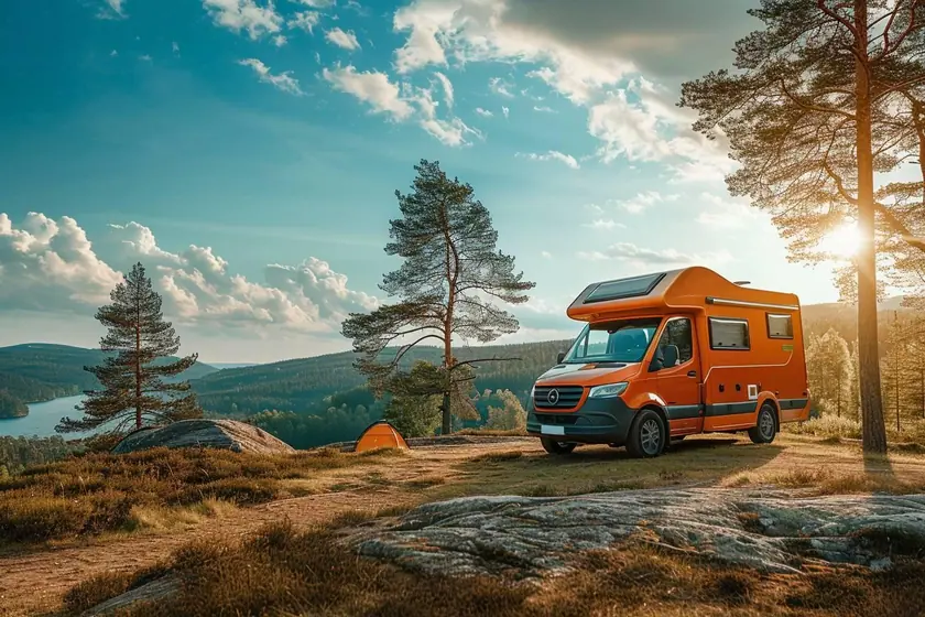 Camping-car stationné sur une aire de repos avec vue dégagée sur la campagne