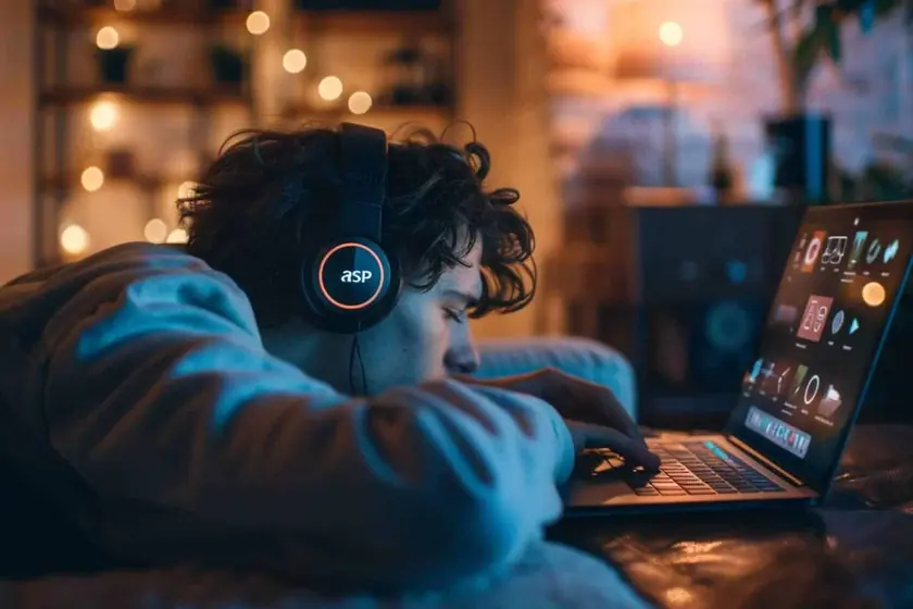 Personne allongée dans la pénombre avec un casque audio, une petite lampe de chevet allumée au second plan