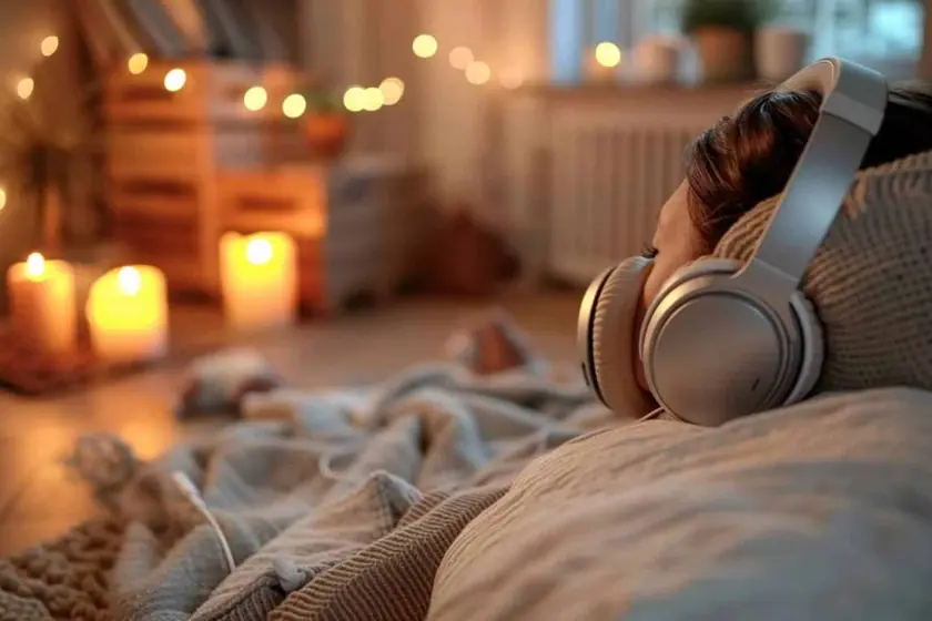 Casque audio filaire posé sur un lit à côté d'un micro de table dans une chambre faiblement éclairée