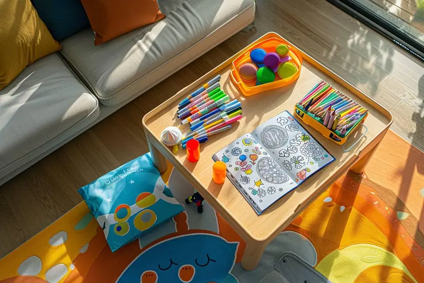 Enfant assis à une petite table en bois clair coloriant sur un rouleau de papier déroulé