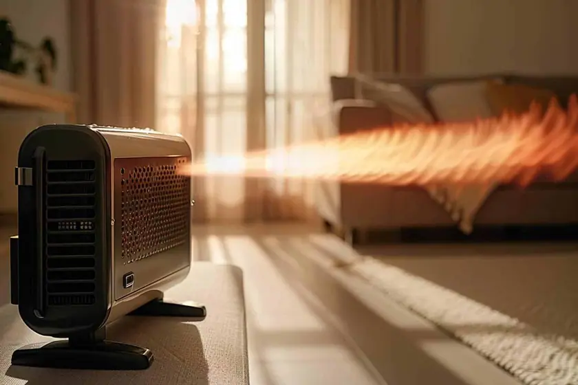 Aérotherme gaz suspendu au plafond d'un atelier industriel, soufflant de l'air chaud