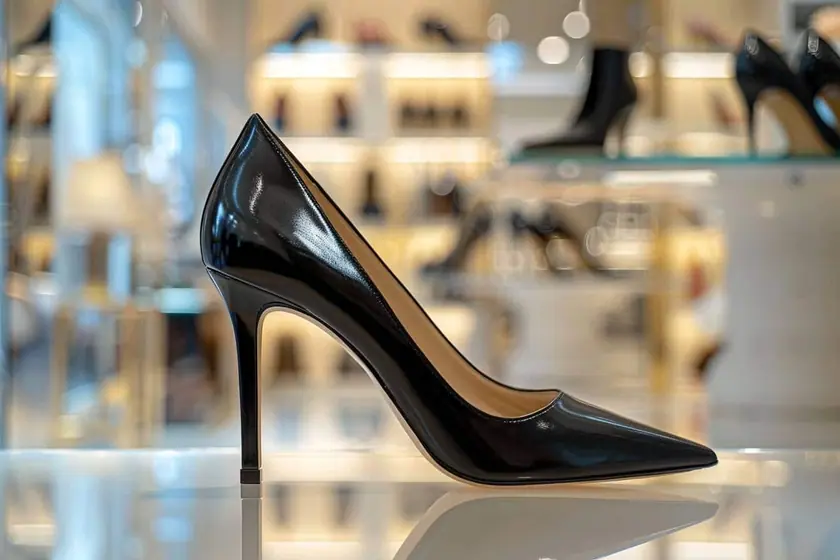 Paire d'escarpins noirs à bout pointu et talon fin posés sur un parquet clair