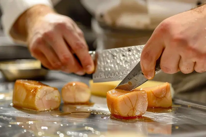 Plan de travail inox d'un laboratoire avec foies crus, couteau de parage et bacs gastronormes