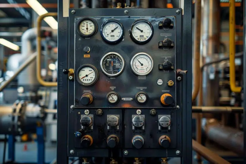 Armoire de régulation ouverte avec régulateur numérique et vannes motorisées sur un réseau d'eau chaude industriel