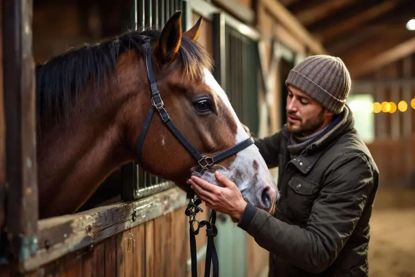Mains écartant les crins d'un cheval au niveau de l'encolure pour examiner la base du poil