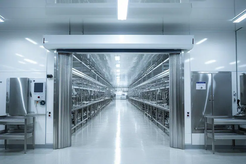 Lame d'air soufflée au-dessus d'une porte de quai dans un atelier alimentaire aux parois inox