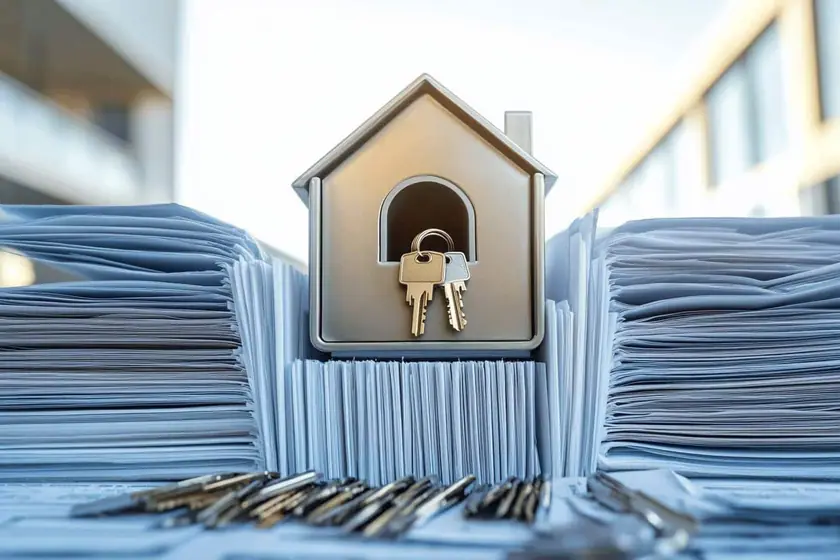 Signature d'un compromis de vente immobilier chez le notaire, documents et clés sur le bureau