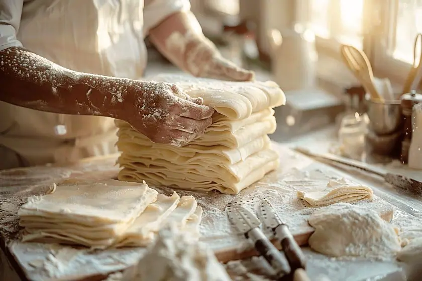 Disques de pâte feuilletée crue séparés par des feuilles de papier cuisson avant mise au congélateur