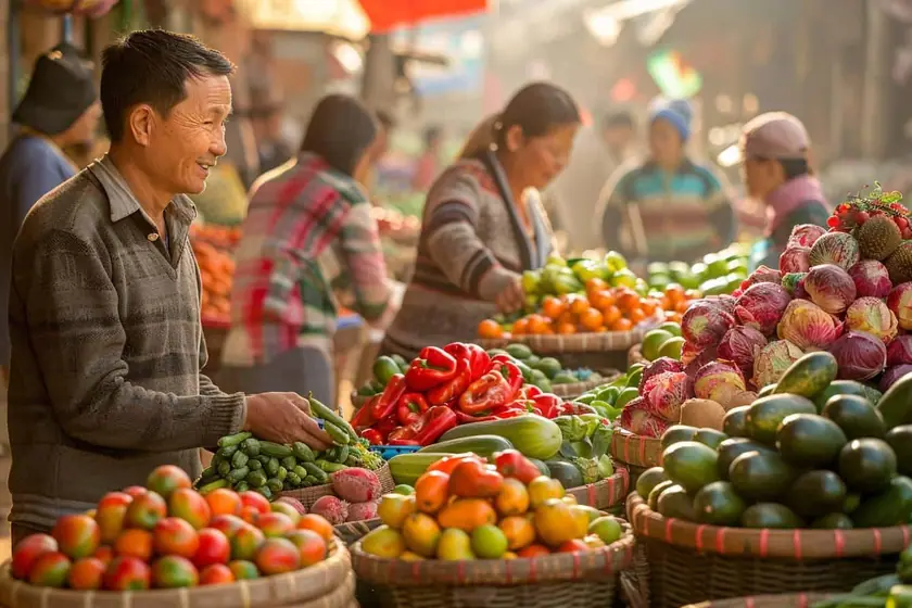 Étal de marché garni de cageots inclinés de fruits et légumes avec ardoises de prix manuscrites
