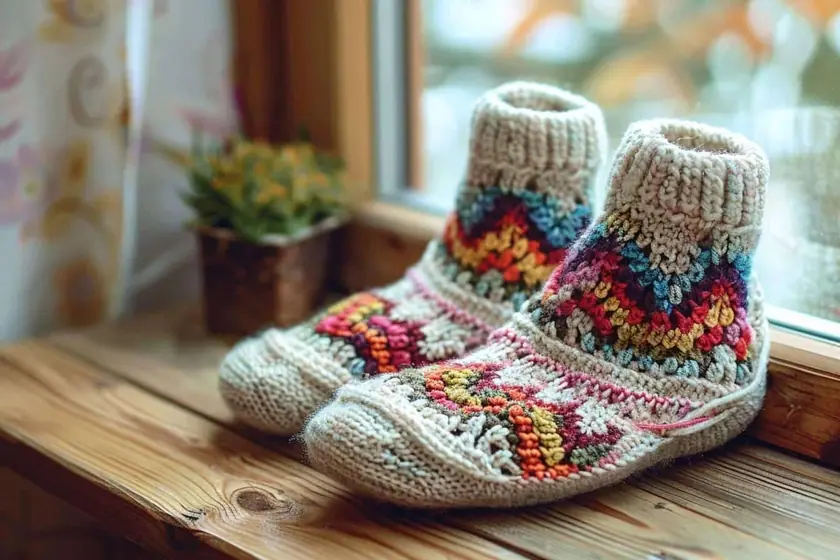 Paire de chaussons en laine épaisse posée près d'une pelote et de deux aiguilles à tricoter