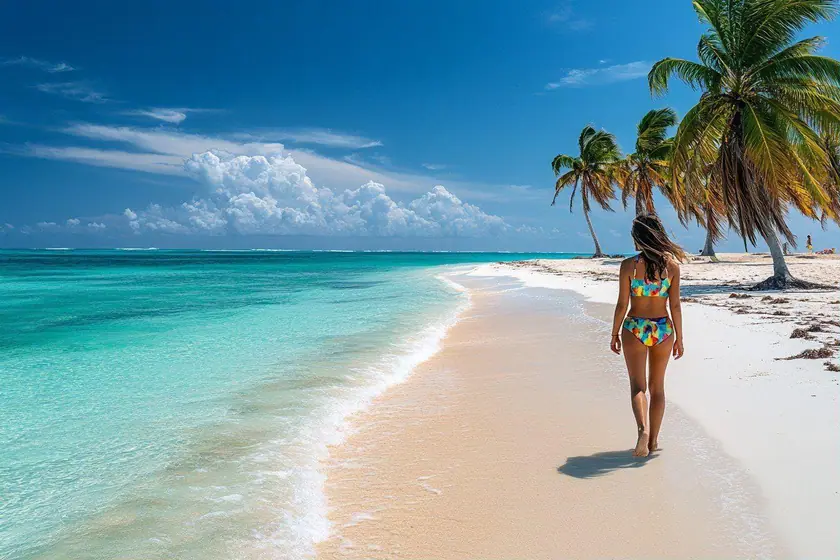 Plage de sable clair bordée de cocotiers sur la côte sud de Grande-Terre en Guadeloupe