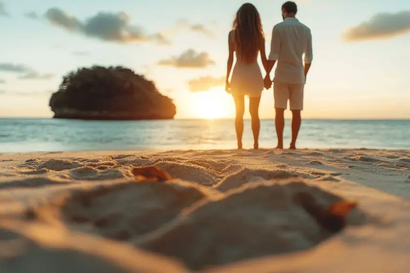 Couple marchant pieds nus au bord de l'eau au coucher du soleil, valise posée sur le sable