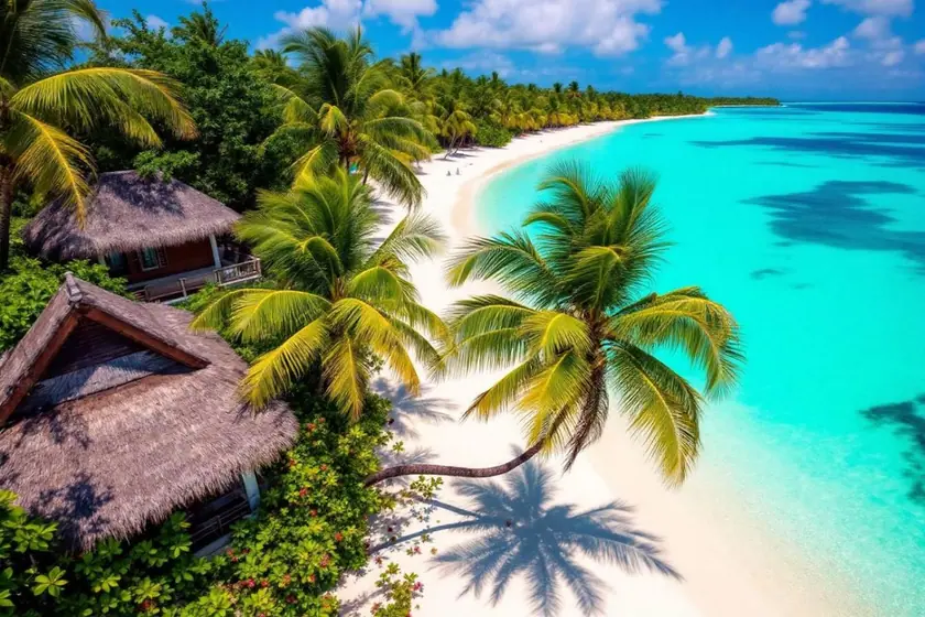 Bungalows sur pilotis alignés au-dessus d'un lagon turquoise bordé de sable blanc