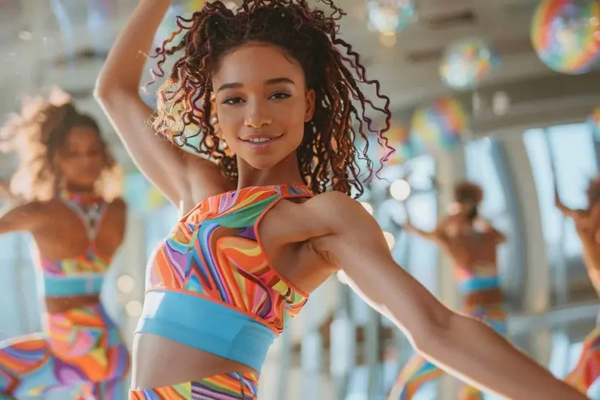 Groupe en tenue de sport exécutant une chorégraphie face au miroir d'une salle de danse