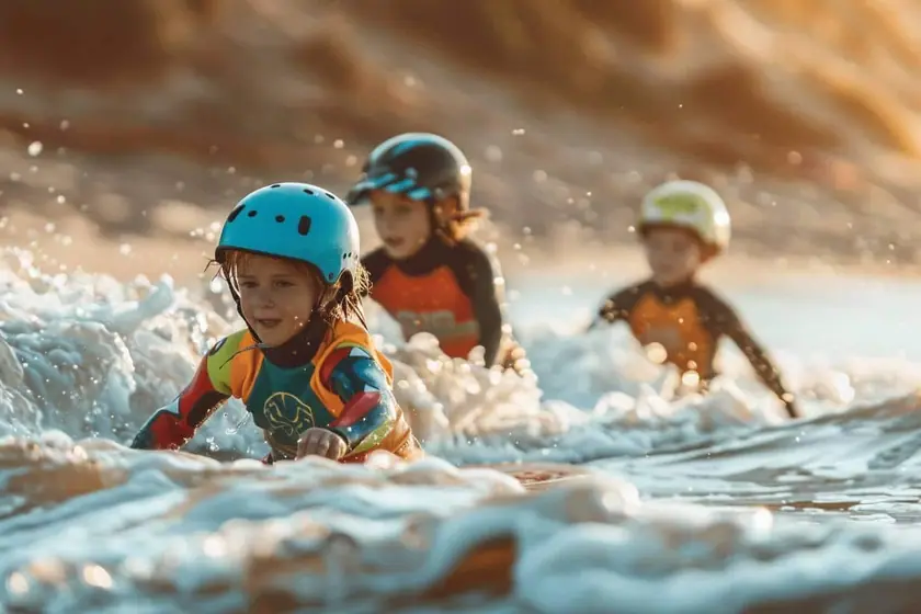 Enfant en combinaison poussant une planche en mousse dans le ressac d'une plage de sable volcanique